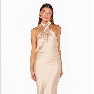 Show Me Your Mumu Jasmine Halter Midi Dress ~ Champagne Luxe Satin - Size S